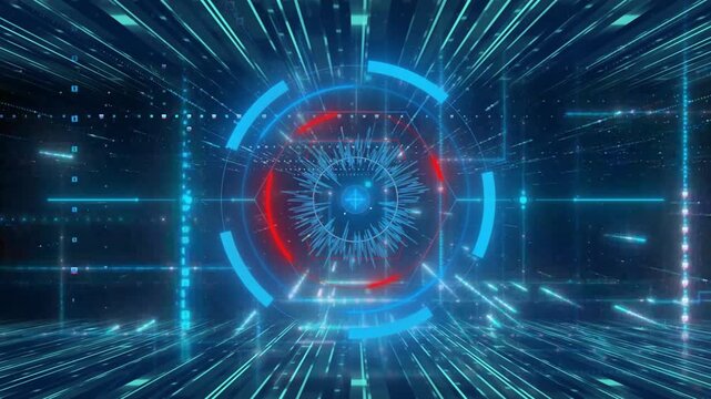 Cybernetic core rotates inside a glowing blue tunnel of rapid data transmission and light.