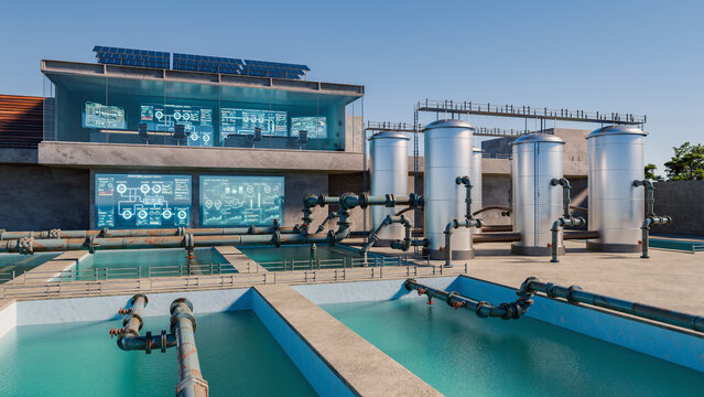 3D render of a Modern Water Purification Plant Featuring Automated Monitoring and Sustainable Infrastructure