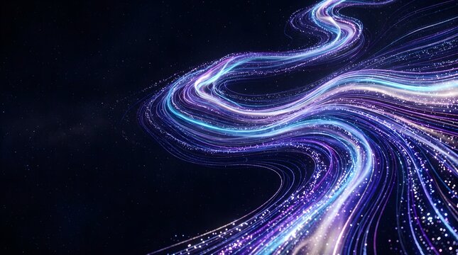 Abstract light trails in purple and blue, dynamic motion blur of glowing fiber optic lines, futuristic data transmission background for technology