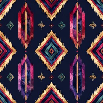 Jewel toned expedition tribal ikat seamless pattern for textile and print