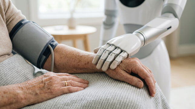 Elderly care robotics concept showing robot hand gently holding elderly person hand providing comfort and support in home setting