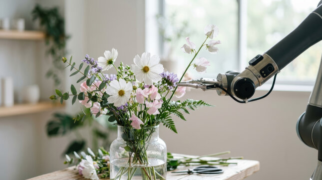Robotic arm arranging flowers in vase showing advanced robotics technology for elderly care enhancing daily life with precision and gentle touch