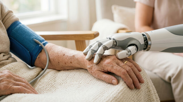Elderly care robotics concept showing robotic hand gently holding elderly person hand during health checkup at home