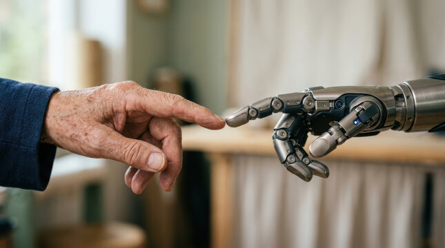 Elderly hand reaching out to robotic hand symbolizing care and connection through advanced robotics technology in warm indoor setting