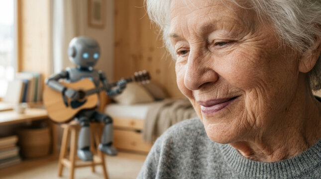 Elderly woman enjoying robotics care as robot plays guitar in cozy room creating warm and comforting atmosphere for senior wellbeing