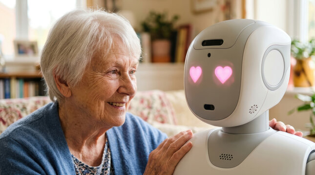 Elderly woman smiling with care and affection while interacting with friendly robotics companion in cozy home environment