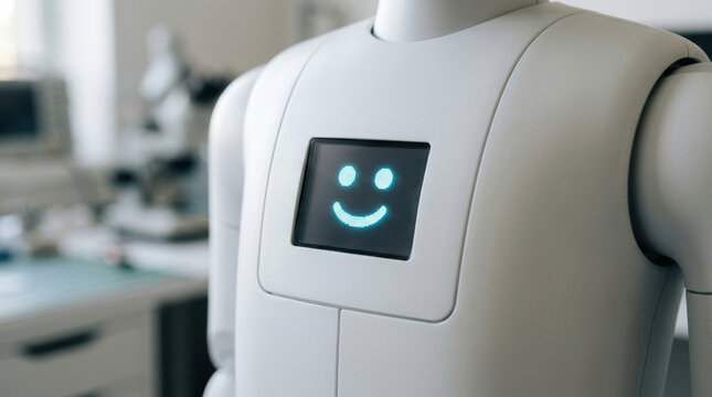 Friendly robot with smiling face on screen designed for elderly care using advanced robotics technology in modern indoor environment