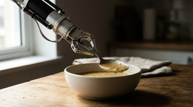 Robotic arm serving soup in bowl on wooden table near window showing elderly care robotics technology in warm home setting