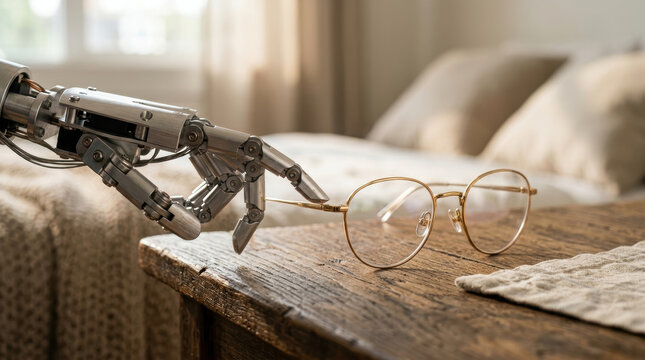 Robotic hand gently reaches for eyeglasses on wooden table symbolizing elderly care robotics enhancing daily life with technology and compassion