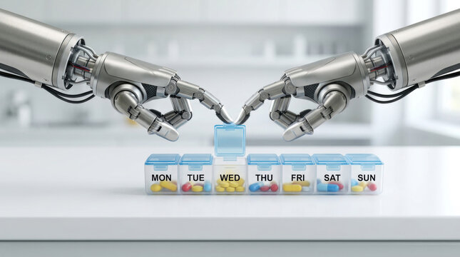 Robotic hands organizing weekly pillbox with medicine for elderly care showing advanced robotics aiding health and daily medication management