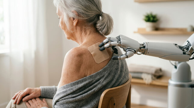 Elderly woman receiving care from robotics applying patch on shoulder in cozy room showing advanced healthcare support
