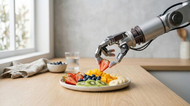 Robotic arm picking fresh strawberry from fruit plate showing robotics in elderly care with healthy food and technology support