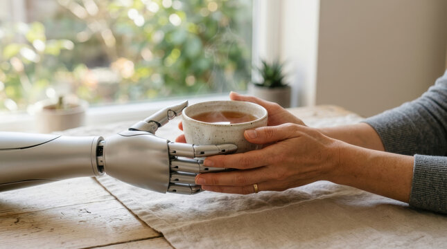 Elderly care benefits from robotics as robot hand gently assists with holding cup, symbolizing support and comfort in daily life