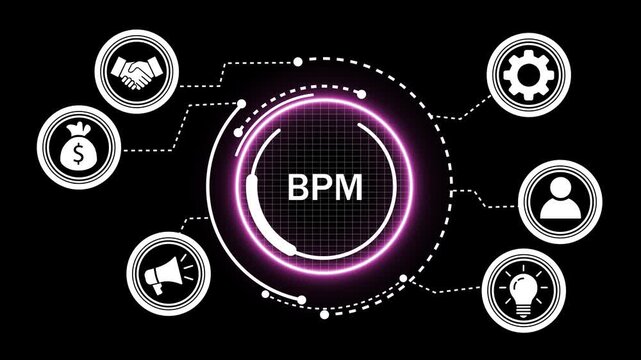 Business process management bpm digital infographic animation featuring glowing neon circular interface with connected for corporate strategy, workflow optimization, and data analysis