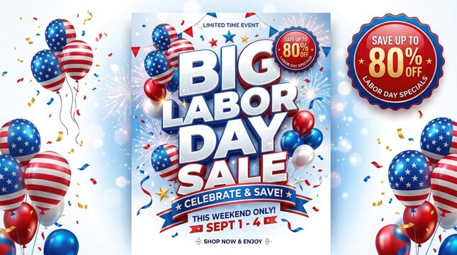 Labor day sale promotion up to 80 off patriotic american holiday discount banner