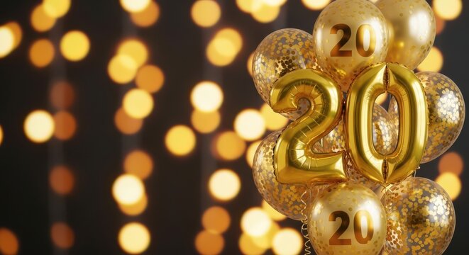Golden 2021 balloons with bokeh lights background