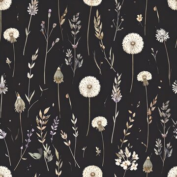 Boho meadow wild dandelion flower seamless pattern for textile and background design