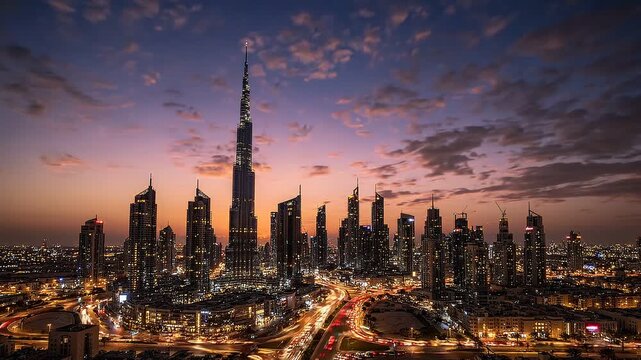 Dubai skyline day to night transition at sunset