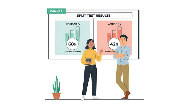 Split test results analysis, marketing team comparing variant A and B conversion rates, business data visualization with winner badge and charts