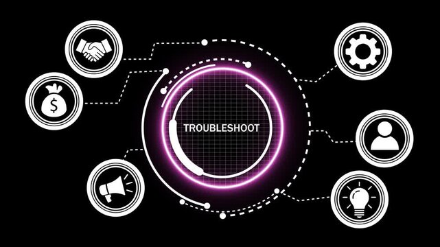 Troubleshooting process infographic animation featuring neon circular hud interface with business strategy for corporate problem solving, technical support, digital workflow, and management solutions