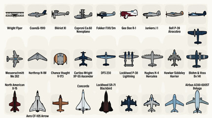 Flat Vector Icons of Historical and Modern Aircraft, Diverse Aviation Collection with Biplanes, Jets, and Experimental Designs, Graphic Resource Set © Suhandistudio