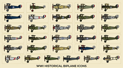 Flat Vector Icons of Historical WWI Biplanes, Diverse National Markings and Color Schemes, Arranged in a Grid on a Light Yellow Background, Graphic Resource Collection © Suhandistudio