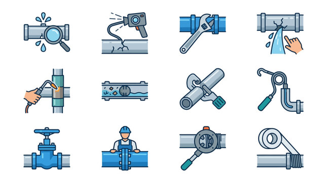 Colorful plumbing and pipe repair illustration set.
