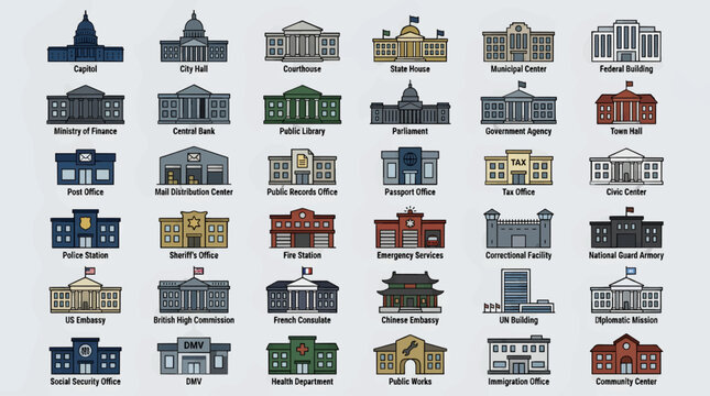 Flat Vector Icons of Government Buildings and Public Services, Including Capitol, Courthouse, Post Office, and Embassy, Set on a Light Background, Graphic Resource Collection