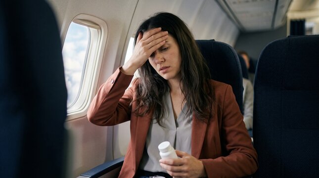 Stressed Businesswoman Covering Her Face While Holding Medicine Beside Airplane Window, Concept of Flight Anxiety, Motion Sickness, Headache, Fatigue and Travel Discomfort