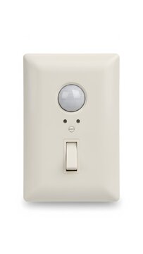 Cream colored wall mounted occupancy sensor light switch with manual toggle control button
