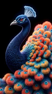 Stylized peacock portrait with vibrant colorful feathers, artistic bird illustration on black background, elegant peacock head with textured plumage