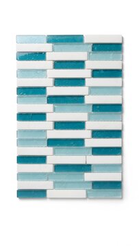 Decorative glass mosaic tile panel with rectangular blue and white pieces for interior