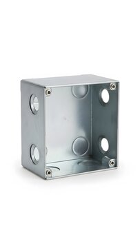 Empty metal electrical junction box with multiple knockout holes for wiring and cable routing