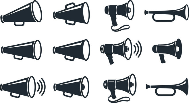 Megaphone and Cheer Horn Icon Collection with Handheld Loudspeaker Bullhorn Sports Fan Equipment and Announcement Symbols Vector Illustration Set