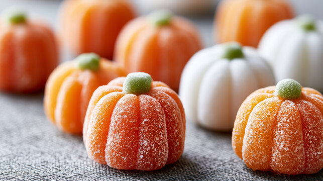 Group of sweet pumpkin-shaped candies coated in sugar arranged on a gray textured surface.