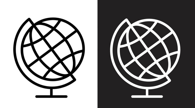 Dual globe icons in black‑and‑white contrast, representing global connectivity, geography, education, and worldwide exploration through minimalist line art.