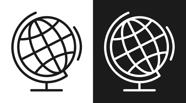 Dual globe icons in black‑and‑white contrast, representing global connectivity, geography, education, and worldwide exploration through minimalist line art.