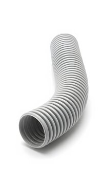 Flexible grey corrugated plastic conduit pipe isolated on white background, for electrical wiring
