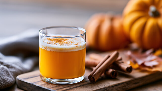 Creamy pumpkin spice beverage topped with cinnamon powder and served alongside cinnamon sticks and pumpkins.