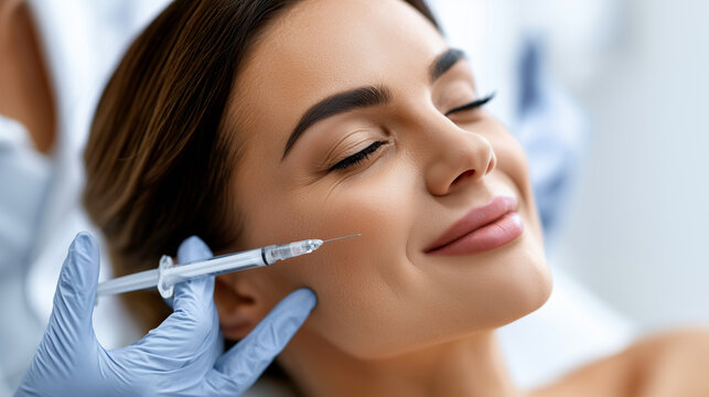 Close up of a happy young woman getting a facial cosmetic injection by a professional doctor wearing gloves.
