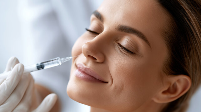 Beautiful smiling woman receiving an anti-aging facial injection treatment with a syringe at a cosmetology clinic.