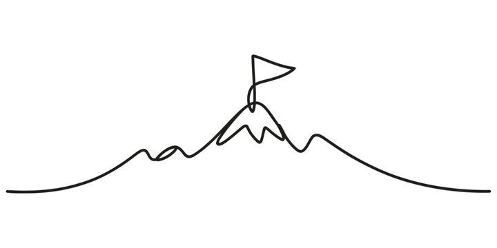 Continuous single line drawing of a mountain peak with a flag on top