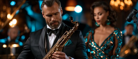 Fototapeta premium A focused musician in a tuxedo plays a saxophone while a woman in a sequined dress stands in the background.
