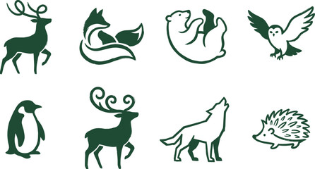 Fototapeta premium Stylized Woodland Animal Logo Collection with Deer Fox Bear Owl Penguin Wolf and Hedgehog Vector Icons