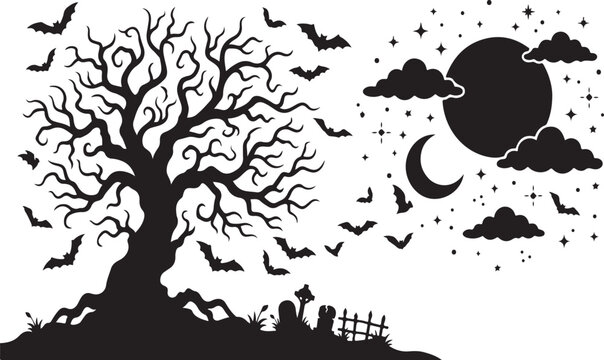 Spooky halloween scene with bare tree bats crescent moon and graveyard elements