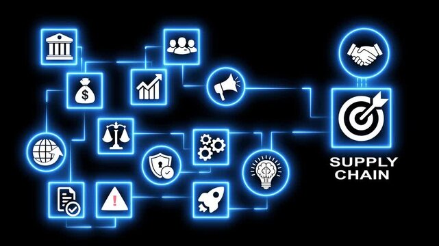 Supply chain management process workflow with icons and network connections, business logistics solution.