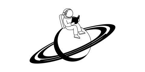 Cute astronaut character sitting on top of a planet with rings reading a book in space line art illustration Vector, illustration © Rimi Kailash Arts