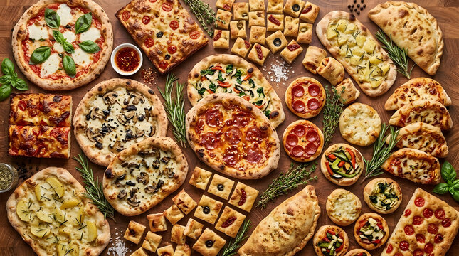 Assorted Fresh Pizzas and Italian Flatbreads on Wooden Table