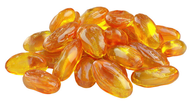 Golden omega three fish oil softgel capsules isolated for healthcare nutrition supplement, vitamin wellness concept, realistic pharmaceutical product on White background