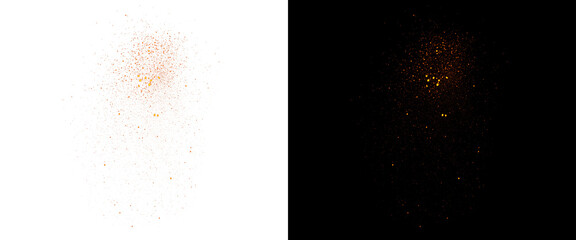 Golden glitter dust splash overlay, sparkling orange powder explosion on white and black background, shimmering magic particle effect for design © Graphic PNG
